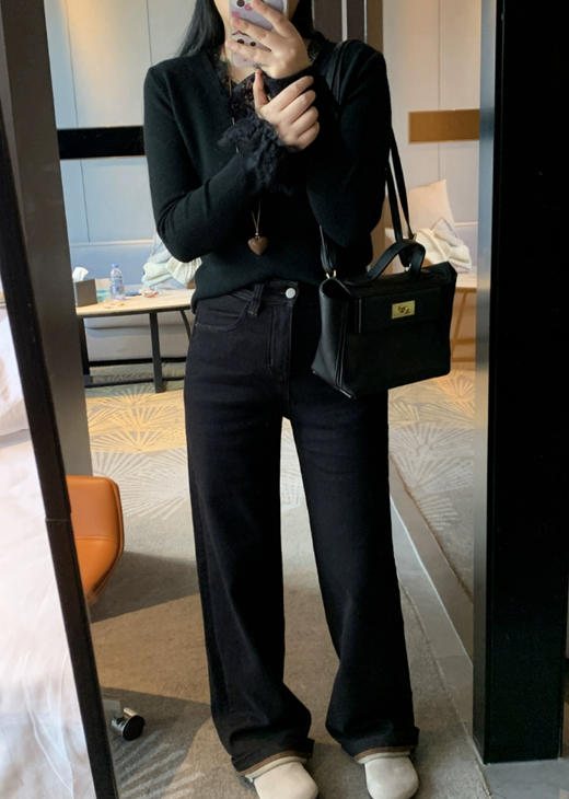 老米优品🎈3-5天！薄绒款！防褪色工艺《复古撞色设计植绒窄版直筒牛仔裤》柔软，微弹，温暖，bai搭！K241121B 商品图9