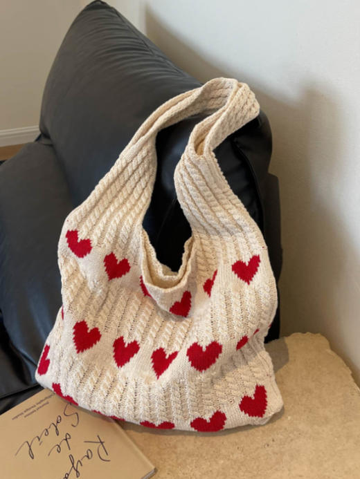 【手提单肩包！镂空设计】小众设计ins爱心复古镂空针织毛线手提单肩包简约文艺慵懒风布袋。ry 商品图4