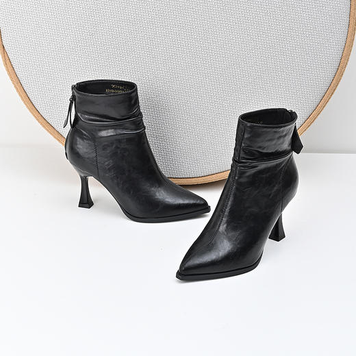 经典鲨2024冬款优雅尖头加绒保暖后拉链气质细高跟时装靴女KW119-D58121 商品图3