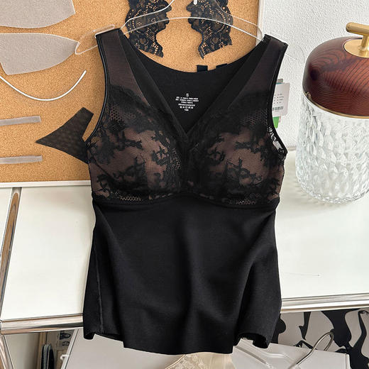 官网1300+ 华歌er同款秋冬v领蕾丝保暖背心三合一带胸垫女双面磨毛绵羊毛混纺蓄热贴身内搭打底 商品图8