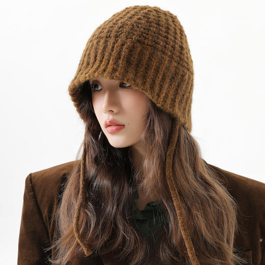 【美拉德风复古毛绒帽】秋冬 保暖加厚加绒 咖啡色三件套兔子刺绣帽 商品图2