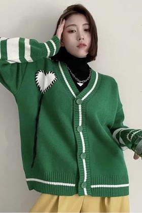 WHO KNOWS 绿色爱心流苏开衫外套 15616