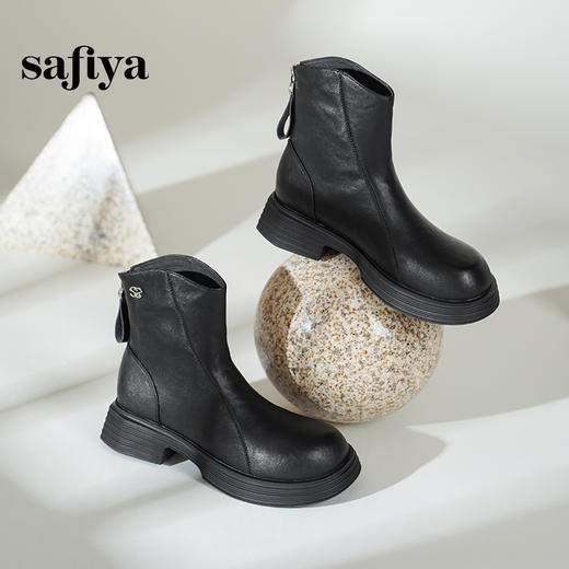 预售10天发|Safiya/索菲娅2024冬休闲圆头粗跟时尚百搭加绒加厚后拉链短踝靴 SF44116413/SF44118413 商品图5