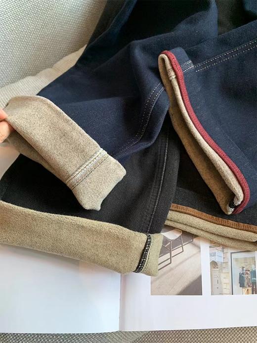 老米优品🎈3-5天！薄绒款！防褪色工艺《复古撞色设计植绒窄版直筒牛仔裤》柔软，微弹，温暖，bai搭！K241121B 商品图5