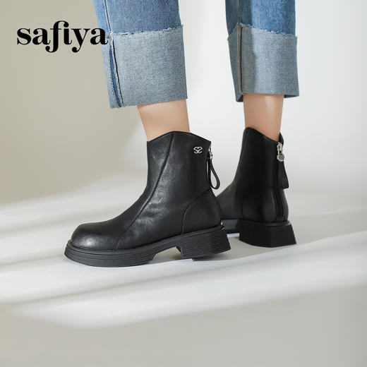预售10天发|Safiya/索菲娅2024冬休闲圆头粗跟时尚百搭加绒加厚后拉链短踝靴 SF44116413/SF44118413 商品图2