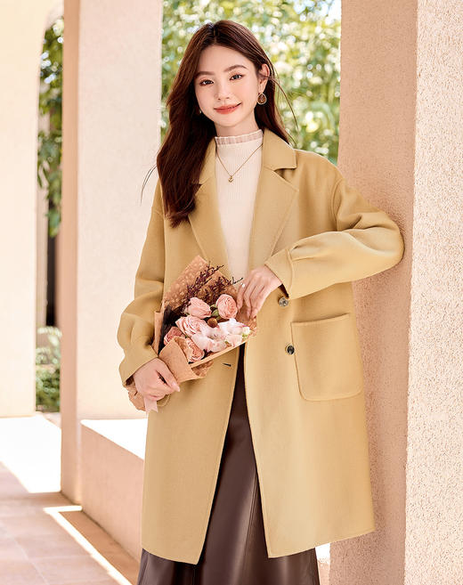 【年终特卖】熙世界翻驳领双面呢羊毛大衣女中长款冬季新款高级感灰色毛呢外套 商品图10