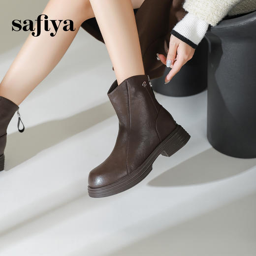 预售10天发|Safiya/索菲娅2024冬休闲圆头粗跟时尚百搭加绒加厚后拉链短踝靴 SF44116413/SF44118413 商品图4