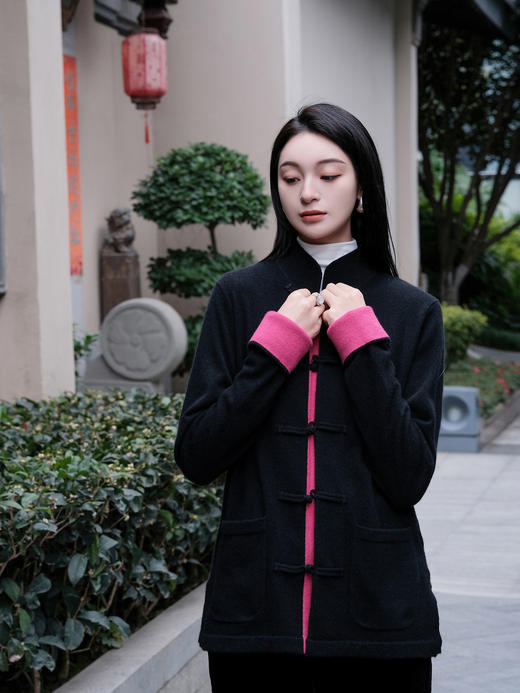 盛唐牡丹| 新中式女士针织羊绒衫（里玫红色） 商品图8