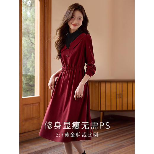 【专属特价】熙世界氛围感复古红色连衣裙假两件半高领拼接长裙2025秋冬新款 商品图1