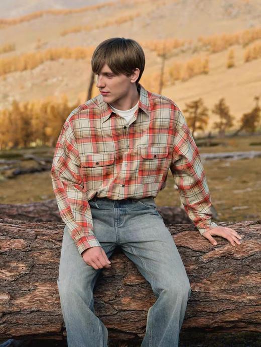 Evistub/E-4DCS996/色织布刷毛美式复古日系红格子口袋衬衫 商品图3