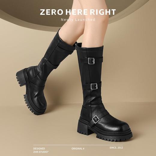 ZHR多排扣潮流长筒靴女2024秋冬新款复古骑士靴厚底西棕色牛仔靴 商品图8