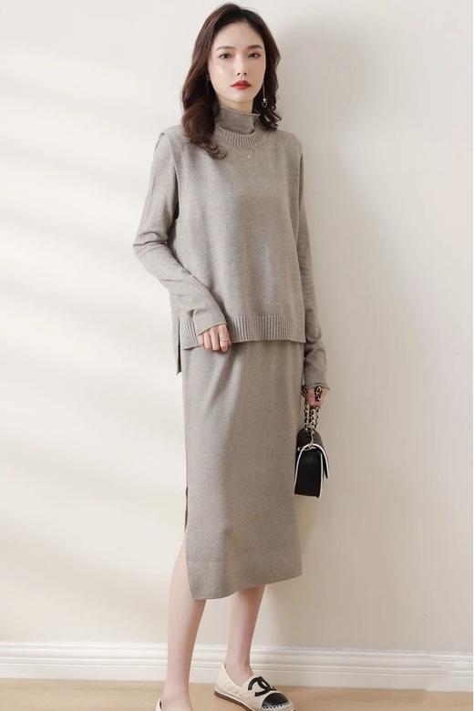 尘色 灰色马甲半裙三件套针织套装 15401 商品图2