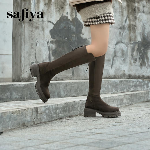 预售10天发|Safiya/索菲娅2024秋冬不过膝瘦瘦弹力绒面粗跟小个子增高长靴 SF44117278 商品图2