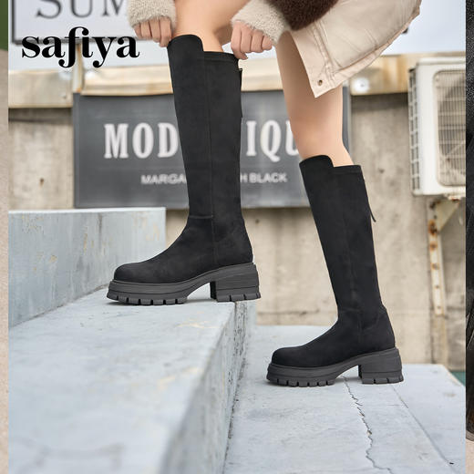 预售10天发|Safiya/索菲娅2024秋冬不过膝瘦瘦弹力绒面粗跟小个子增高长靴 SF44117278 商品图7