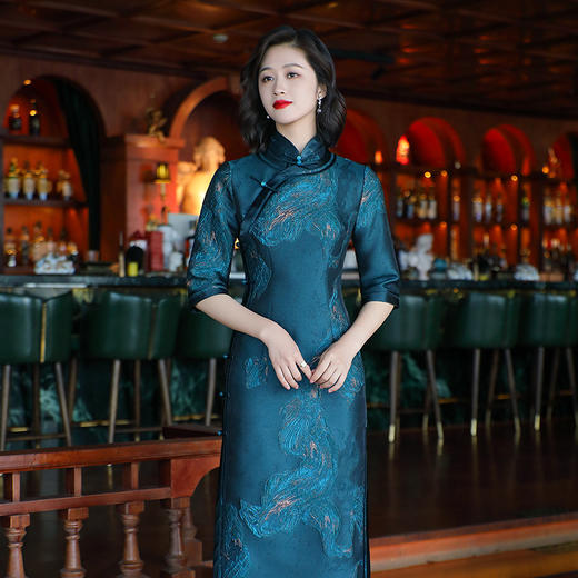 OY-24307复古中国风女装秋季新款全开襟提花日常改良长款旗袍连衣裙24307 商品图4