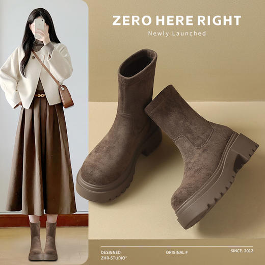 ZHR弹力靴2024新款冬季加绒保暖爆款短靴网红ins显高瘦瘦靴子厚底 商品图1
