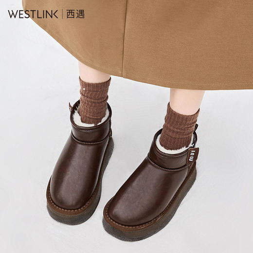 西遇保暖雪地靴女冬季新款复古皮面厚底短靴加厚加绒东北棉鞋D4347841 商品图3