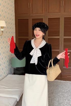 Le Malene 摩登复古波点领带丝绒上衣 19715