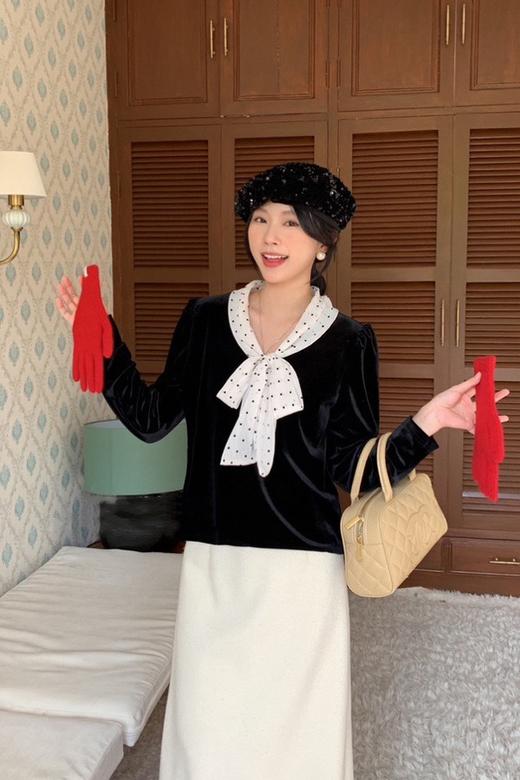 Le Malene 摩登复古波点领带丝绒上衣 19715 商品图0