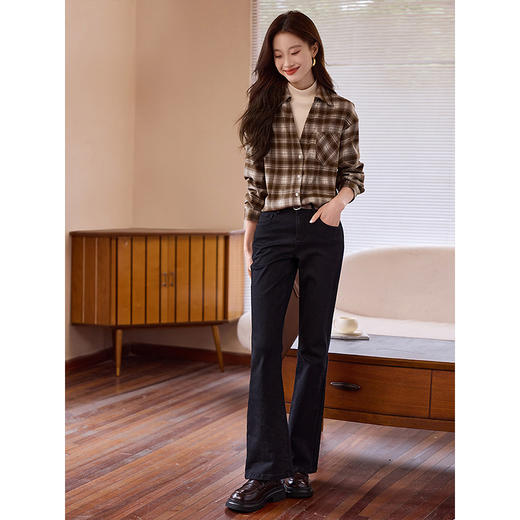 【年终特卖】熙世界假两件复古格纹衬衫女秋冬新款磨毛长袖内搭半高领叠穿衬衣 商品图4