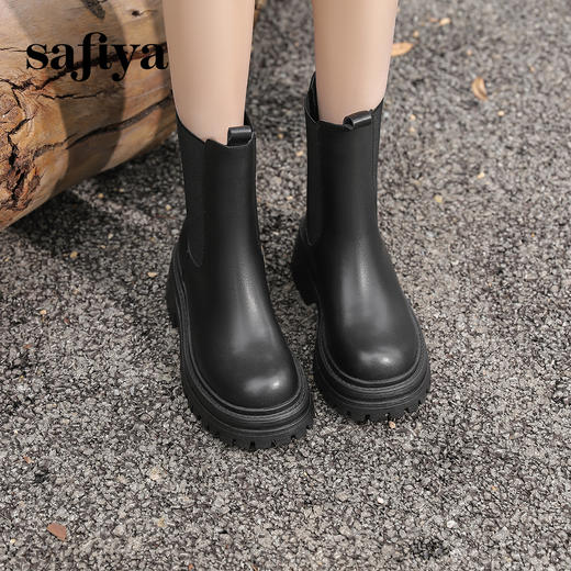 Safiya/索菲娅2024英伦风时尚厚底粗跟套筒加绒休闲切尔西短靴SF44116410/SF44118410 商品图2