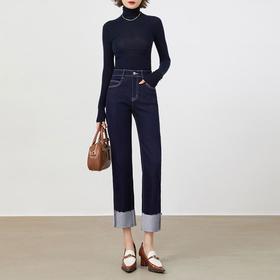 【自】全新升级【铂金会员174/天猫229/差价55】(02059) 洛诗琳丹宁蓝卷边设计感弹力直筒裤显瘦小个子烟管牛仔裤女