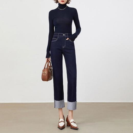 【自】全新升级【铂金会员174/天猫229/差价55】(02059) 洛诗琳丹宁蓝卷边设计感弹力直筒裤显瘦小个子烟管牛仔裤女 商品图0