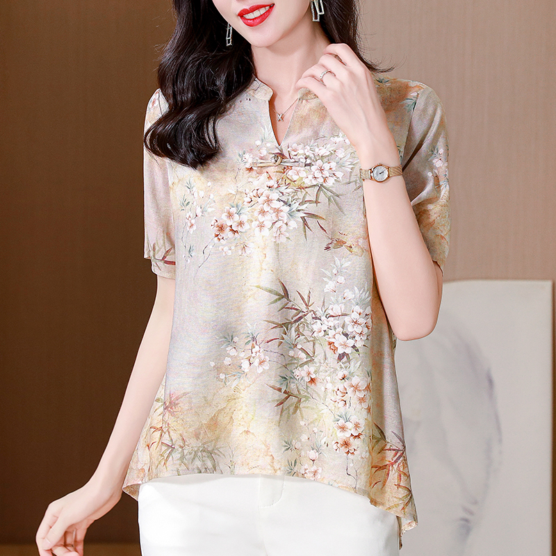 芳妮诗2024夏季新款女士雪纺衫遮肉宽松漂亮短袖女装上衣减龄小衫