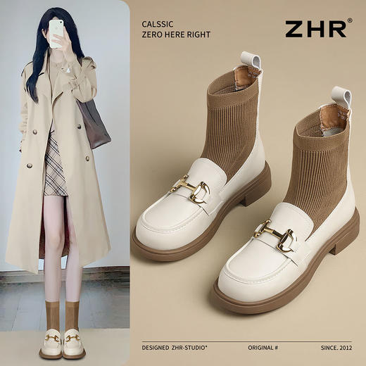ZHR则则时尚百搭弹力靴2024秋冬新款加绒袜靴瘦瘦靴女靴乐福短靴 商品图1
