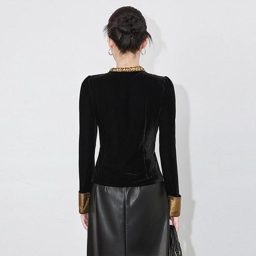 【高货wl】全新升级【铂金会员266/天猫359/差价93】(81643) 洛诗琳秋冬法式蝴蝶结系带洋气拼色收腰显瘦上衣丝绒衬衫 商品图4