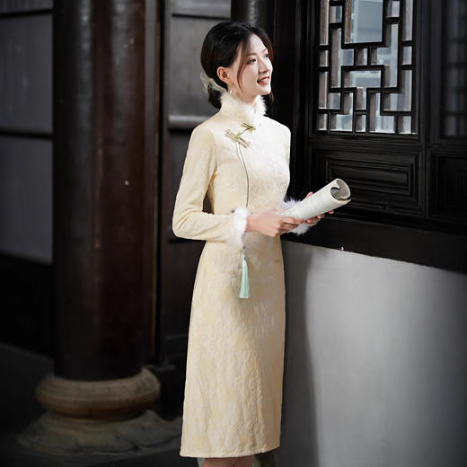 【预售5天】蕾丝加绒加厚修身毛领，清新甜美气质日常少女旗袍裙ZBN6307 商品图2