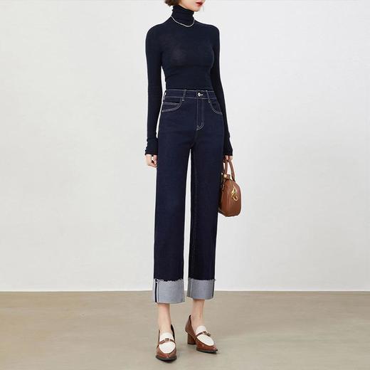 【自】全新升级【铂金会员174/天猫229/差价55】(02059) 洛诗琳丹宁蓝卷边设计感弹力直筒裤显瘦小个子烟管牛仔裤女 商品图3