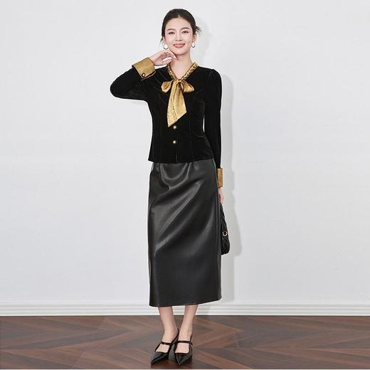 【高货wl】全新升级【铂金会员266/天猫359/差价93】(81643) 洛诗琳秋冬法式蝴蝶结系带洋气拼色收腰显瘦上衣丝绒衬衫 商品图1