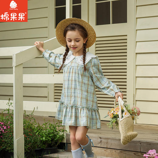 棉果果春季新品商场同款女童绿色格子翻领连衣裙M122700225081 商品图0