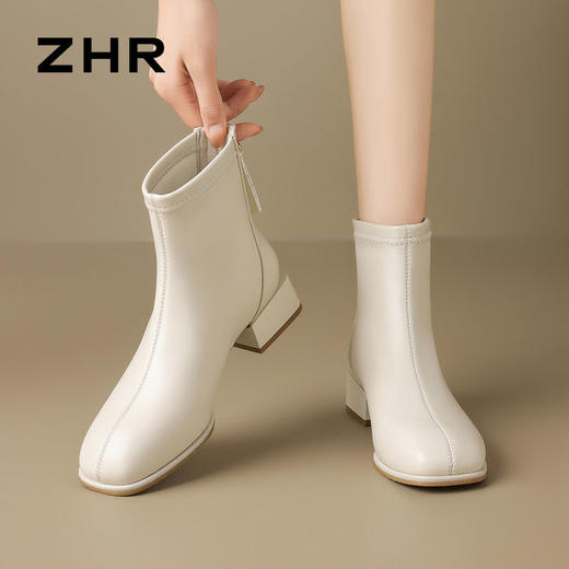 ZHR则则粗跟法式小短靴2024新款气质通勤女靴韩版百搭加绒瘦瘦靴 商品图4