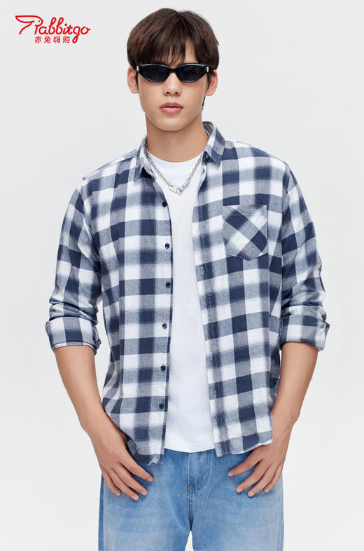 赤兔嗨购纯棉格子衬衫男长袖春秋男生2024新款男装秋装秋季薄男士衬衣 商品图2
