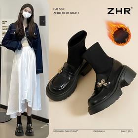 ZHR则则金属装饰粗跟弹力靴女2024新款时髦加绒粗跟短靴显高显瘦