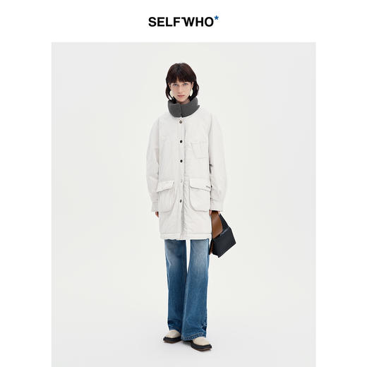 SELFWHO90白鸭绒经典撞色中长款羽绒服外套女2024冬宽松保暖风衣 商品图2