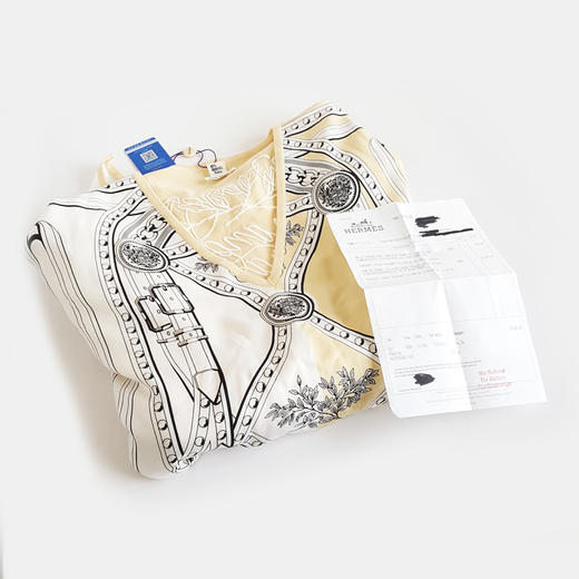 【95新】Hermes爱马仕浅黄拼白色短袖印花twillaine连衣裙长裙女士现售价：4700！121124TJ09 商品图1