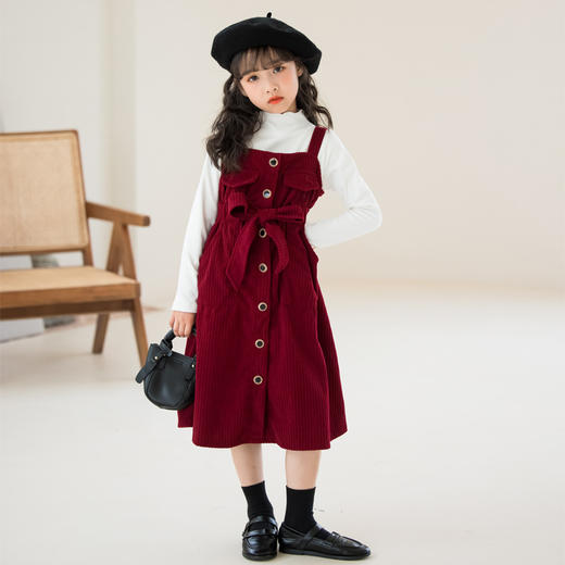 【好面料更舒适，用心呵护每一寸肌肤】女童背带连衣裙 灯芯绒中大童女装 2024春秋儿童本命年穿搭套装裙子-QQ 商品图0