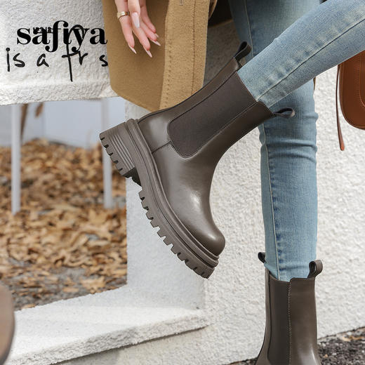Safiya/索菲娅2024英伦风时尚厚底粗跟套筒加绒休闲切尔西短靴SF44116410/SF44118410 商品图4