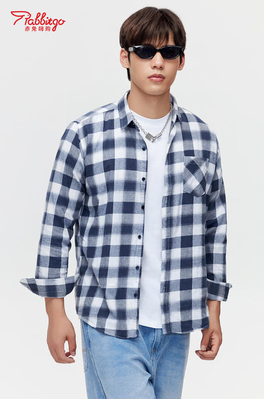 赤兔嗨购纯棉格子衬衫男长袖春秋男生2024新款男装秋装秋季薄男士衬衣 商品图3