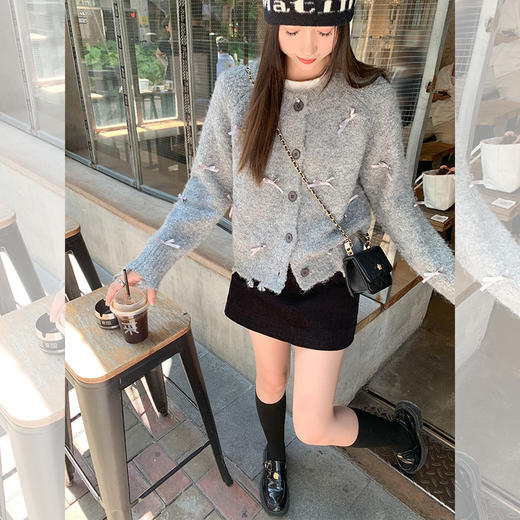 <曾小咸推荐>百搭深灰色蝴蝶结毛衣开衫 商品图0