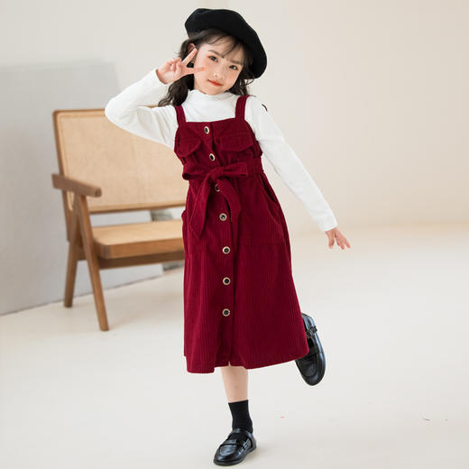 【好面料更舒适，用心呵护每一寸肌肤】女童背带连衣裙 灯芯绒中大童女装 2024春秋儿童本命年穿搭套装裙子-QQ 商品图2