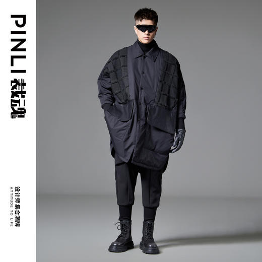 PINLI品立裁魂冬季新款翻领中长款棉服男士潮牌宽松棉衣外套BC243105108 商品图1