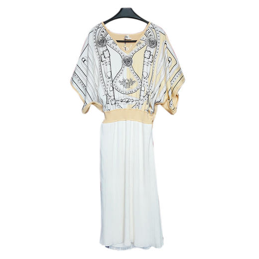 【95新】Hermes爱马仕浅黄拼白色短袖印花twillaine连衣裙长裙女士现售价：4700！121124TJ09 商品图0