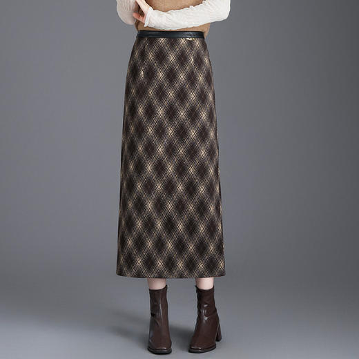 毛呢格子秋冬长款高腰开叉，一步裙显瘦包臀直筒裙MYX-1829 商品图0