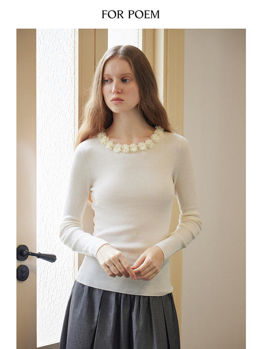 ForPoem 现货 24/FW原创设计无缝一体100美丽诺羊毛花边领针织打底衫 商品图4