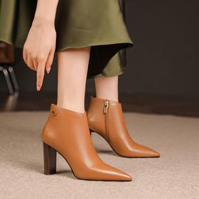 【预售5天】马丁靴欧美皮靴，尖头高跟裸靴时尚粗跟短靴子CWCD&CW280-3