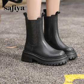 Safiya/索菲娅2024英伦风时尚厚底粗跟套筒加绒休闲切尔西短靴SF44116410/SF44118410
